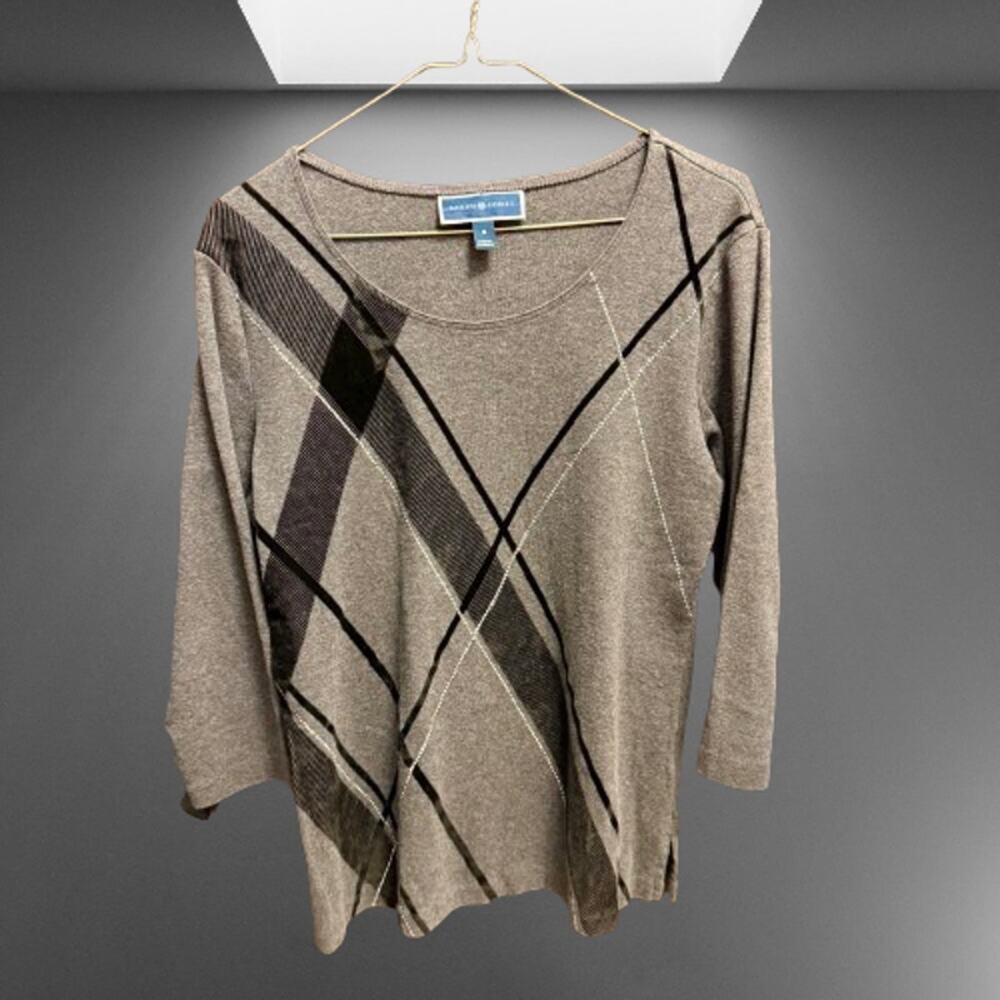 Karen Scott Tan & Brown Striped Crystal Knit Top (Size M)